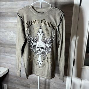 Xtreme Couture Men's Long Sleeve Graphic Tee - Taupe Skull Design 1068
